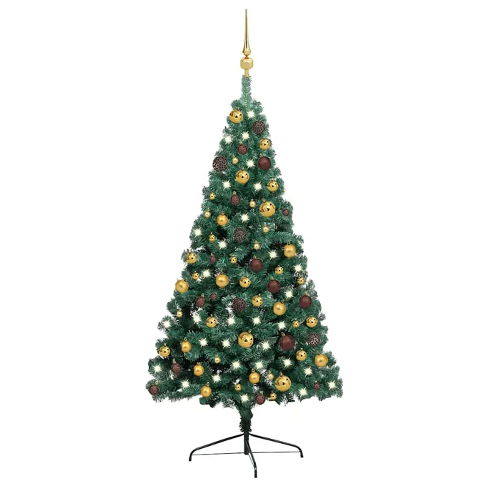Halv plastgran med LED och julgranskulor grön 120 cm