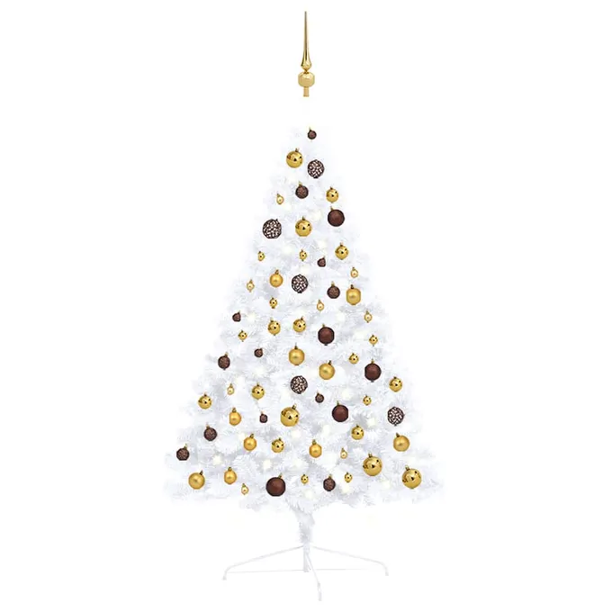 Halv plastgran med LED och julgranskulor vit 120 cm