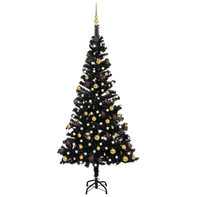 Plastgran med LED och julgranskulor svart 150 cm PVC