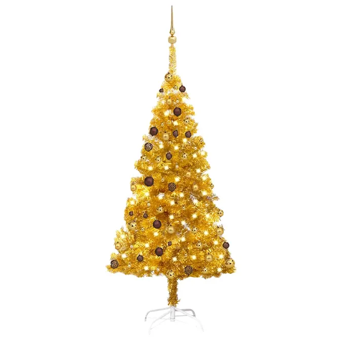 Plastgran med LED och julgranskulor guld 180 cm PET