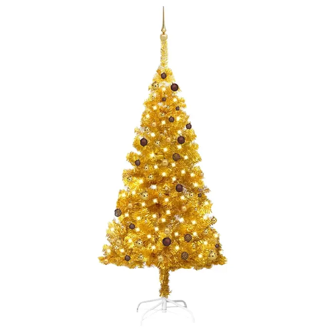 Plastgran med LED och julgranskulor guld 210 cm PET