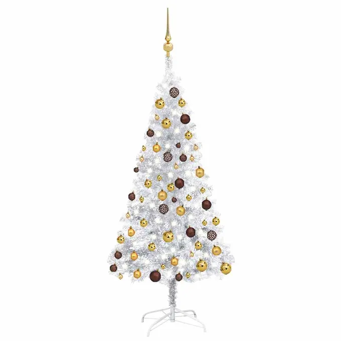 Plastgran med LED och julgranskulor silver 150 cm PET