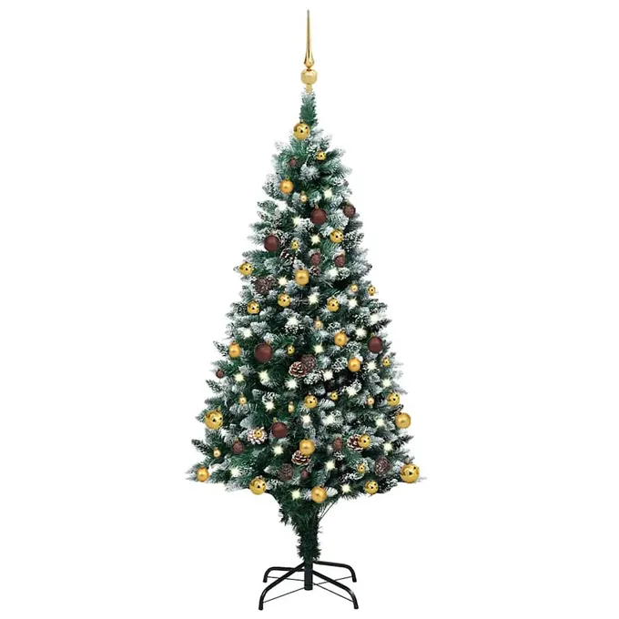 Plastgran med LED och julgranskulor och kottar 150 cm