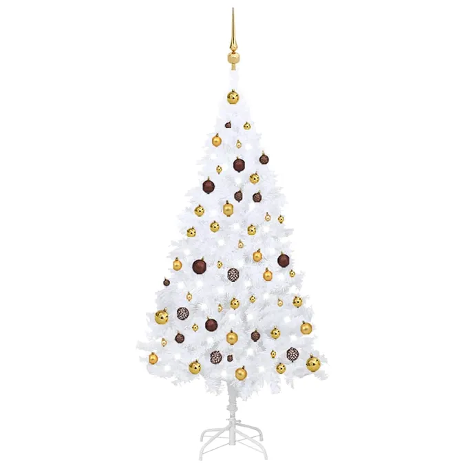 Plastgran med LED och julgranskulor vit 150 cm PVC