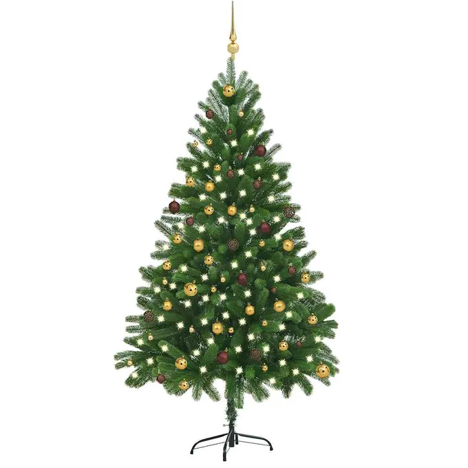 Plastgran med LED och julgranskulor 210 cm grön