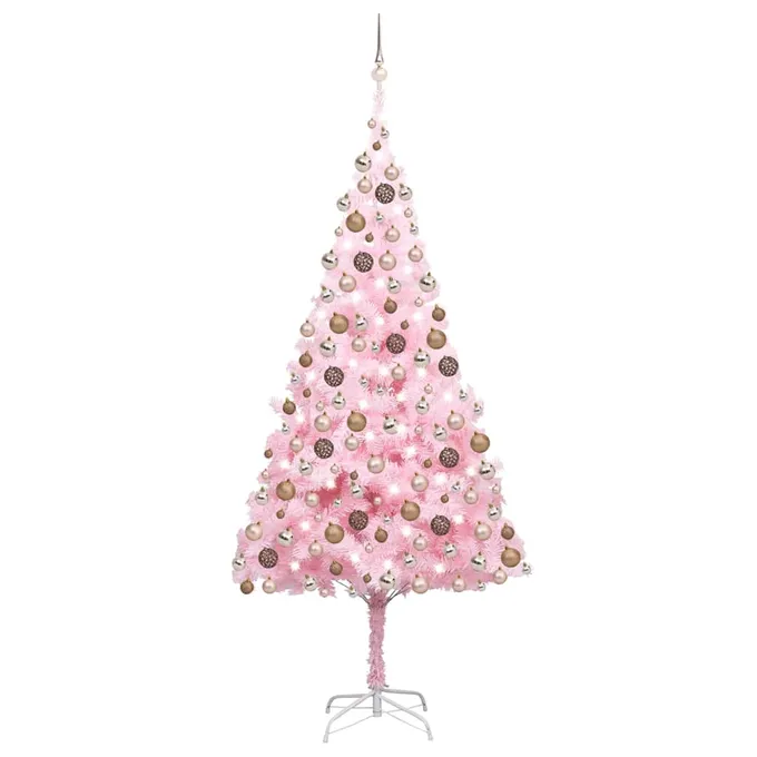 Plastgran med LED och julgranskulor rosa 240 cm PVC