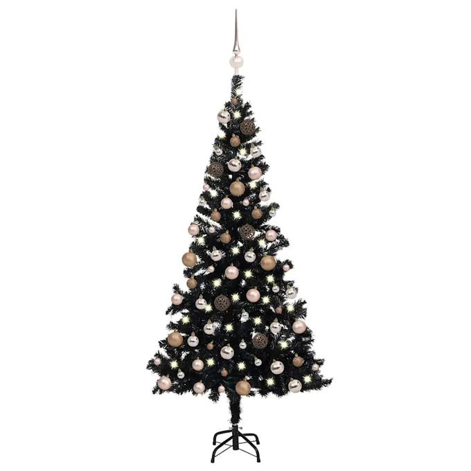 Plastgran med LED och julgranskulor svart 180 cm PVC
