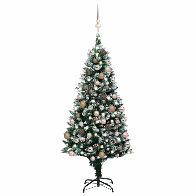 Plastgran med LED & julgranskulor & kottar 150 cm