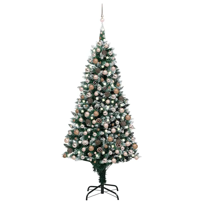 Plastgran med LED och kulor och kottar 210 cm
