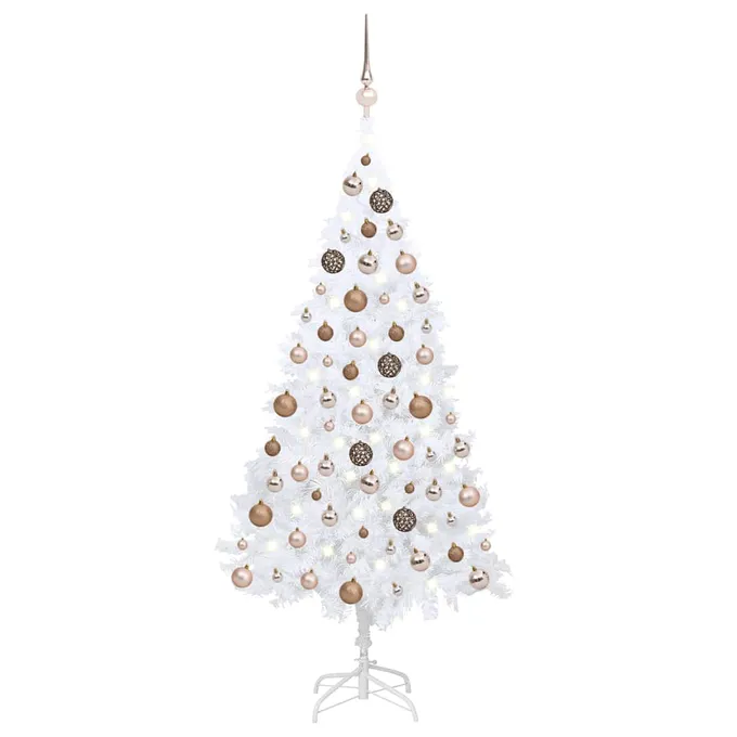 Plastgran med LED och julgranskulor vit 120 cm PVC