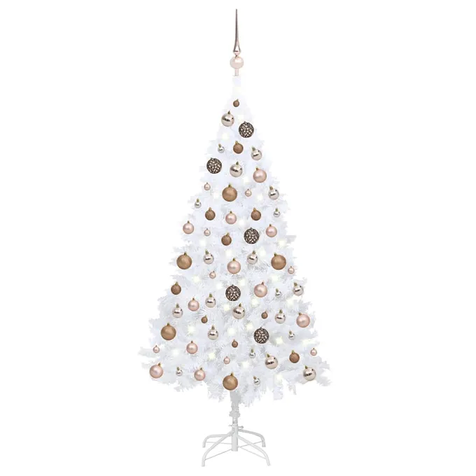 Plastgran med LED och julgranskulor vit 150 cm PVC