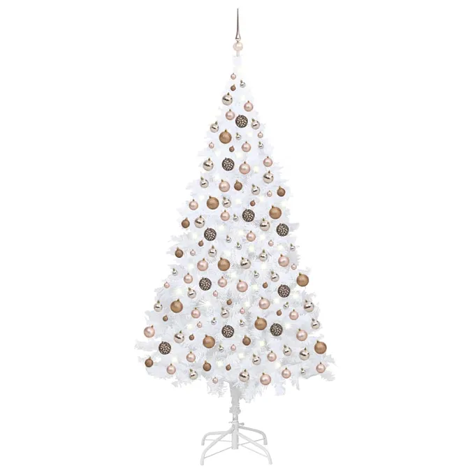 Plastgran med LED och julgranskulor vit 210 cm PVC