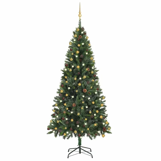 Plastgran med LED och julgranskulor grön 210 cm