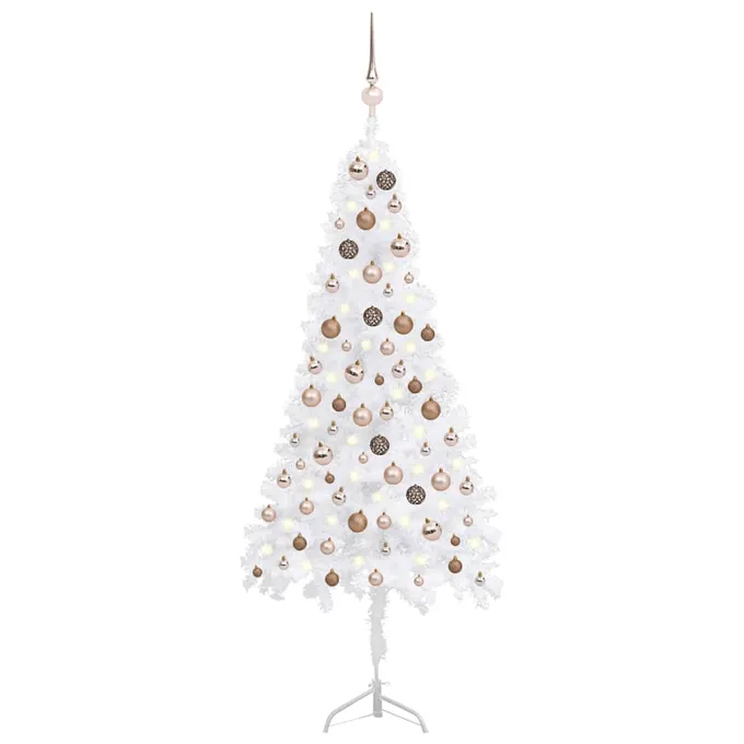 Plastgran för hörn med LED och julgranskulor vit 150 cm PVC