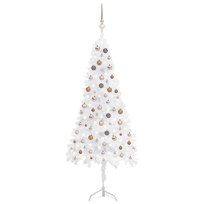 Plastgran för hörn med LED och julgranskulor vit 210 cm PVC