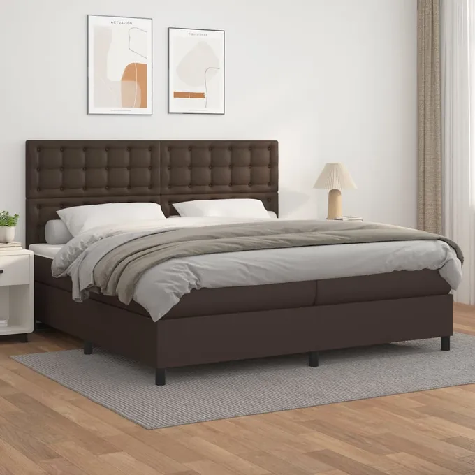 Ramsäng med madrass brun 200x200 cm konstläder