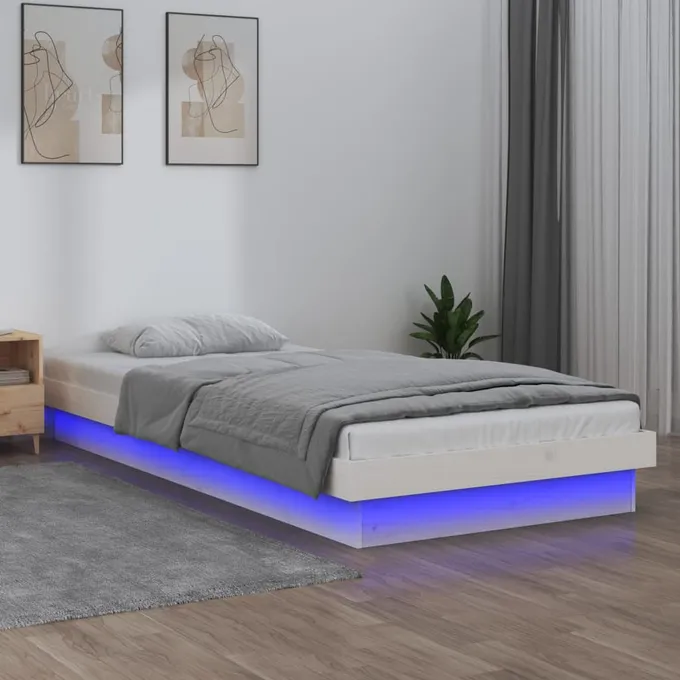 Sängram med LED 100x200 cm massivt trä vit