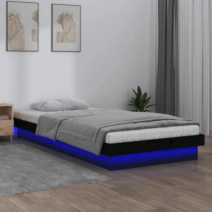 Sängram LED svart 100x200 cm massivt trä