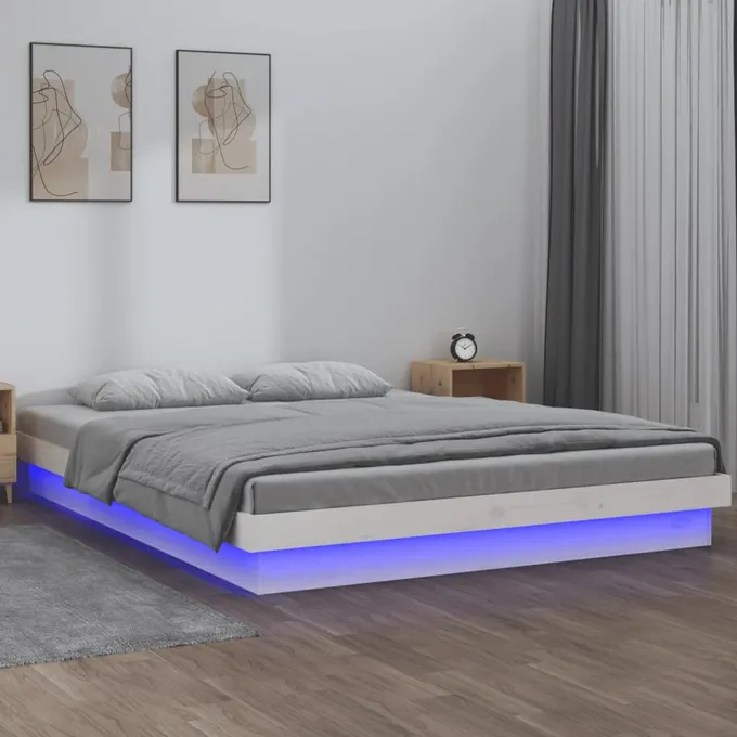 Sängram LED vit 150x200 cm massivt trä