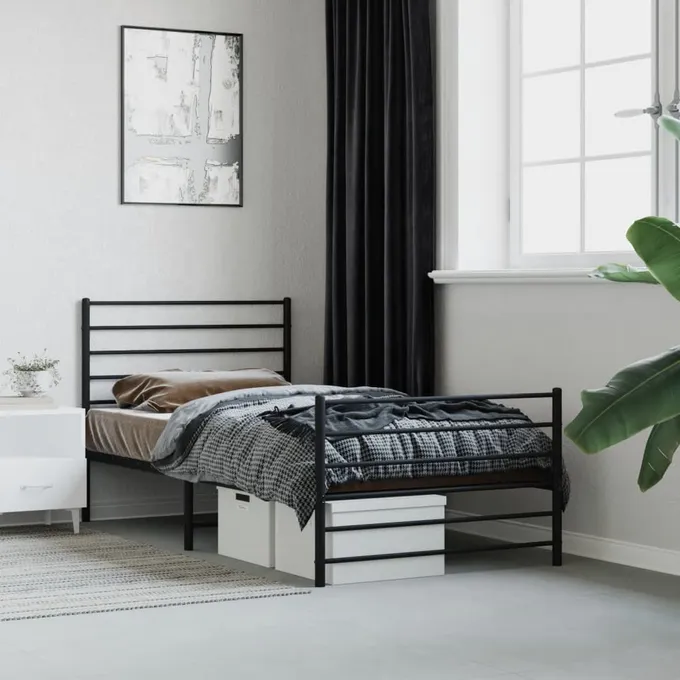 Sängram med huvudgavel och fotgavel svart metall 90x190 cm