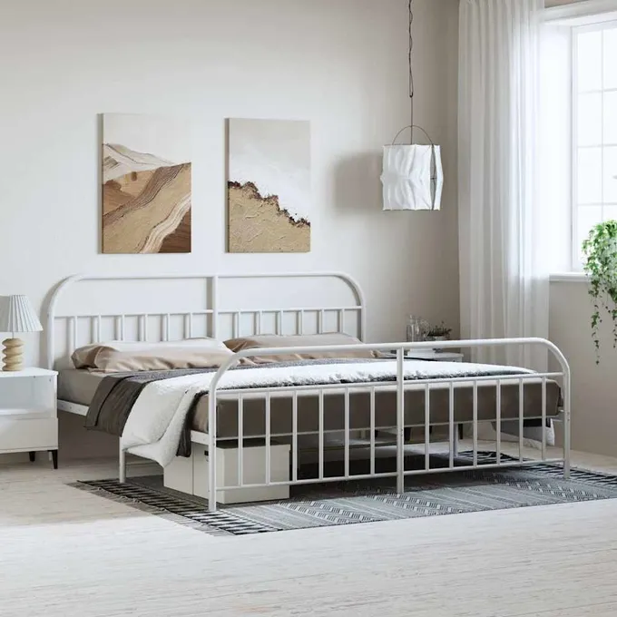 Sängram med huvudgavel och fotgavel vit metall 193x203 cm