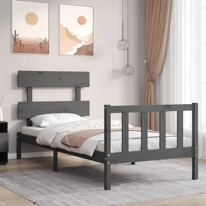 Sängram med huvudgavel grå 90x200 cm massivt trä